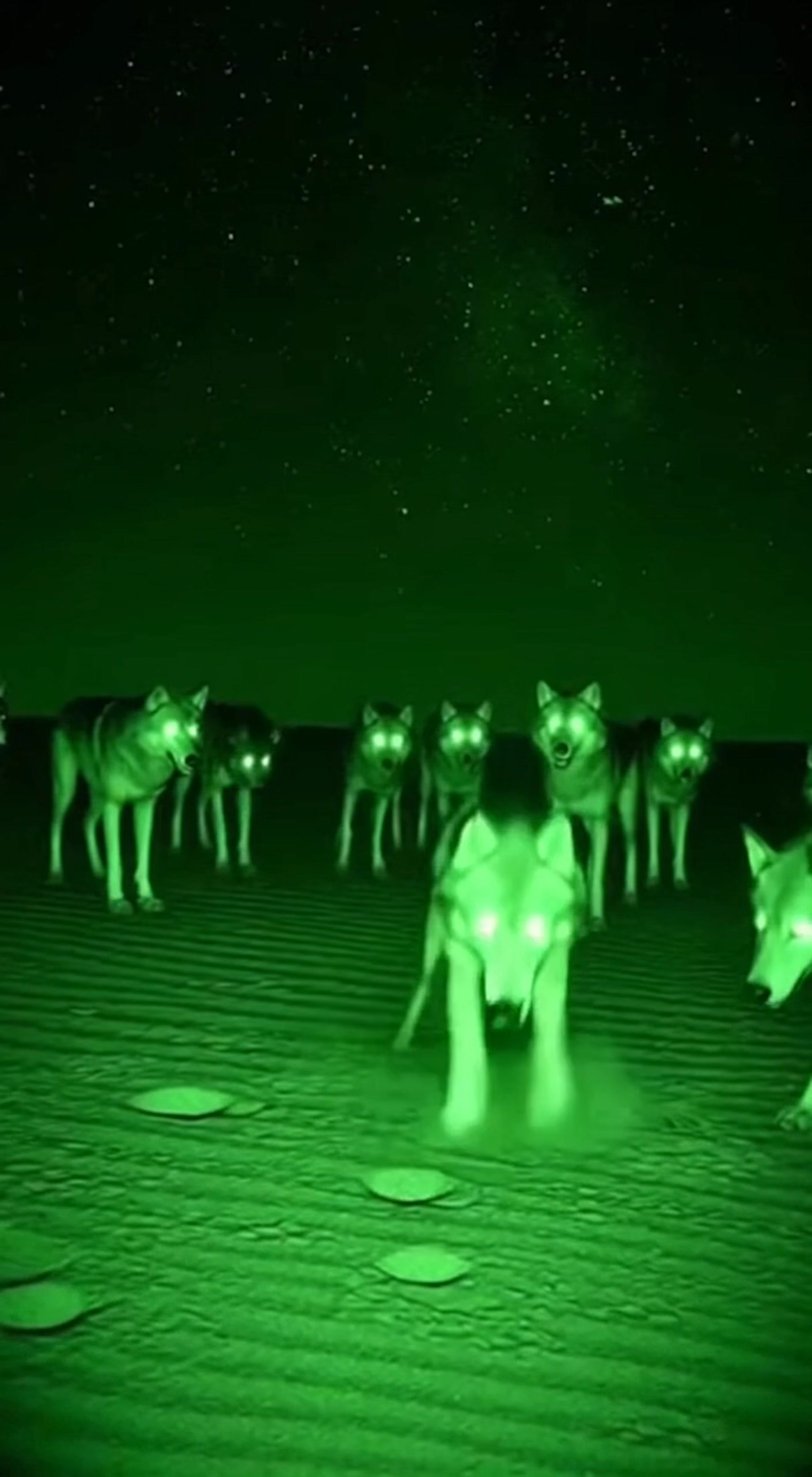 Nighttime Desert Dance: A Wolf's Captivating Performance Amongst the Pack