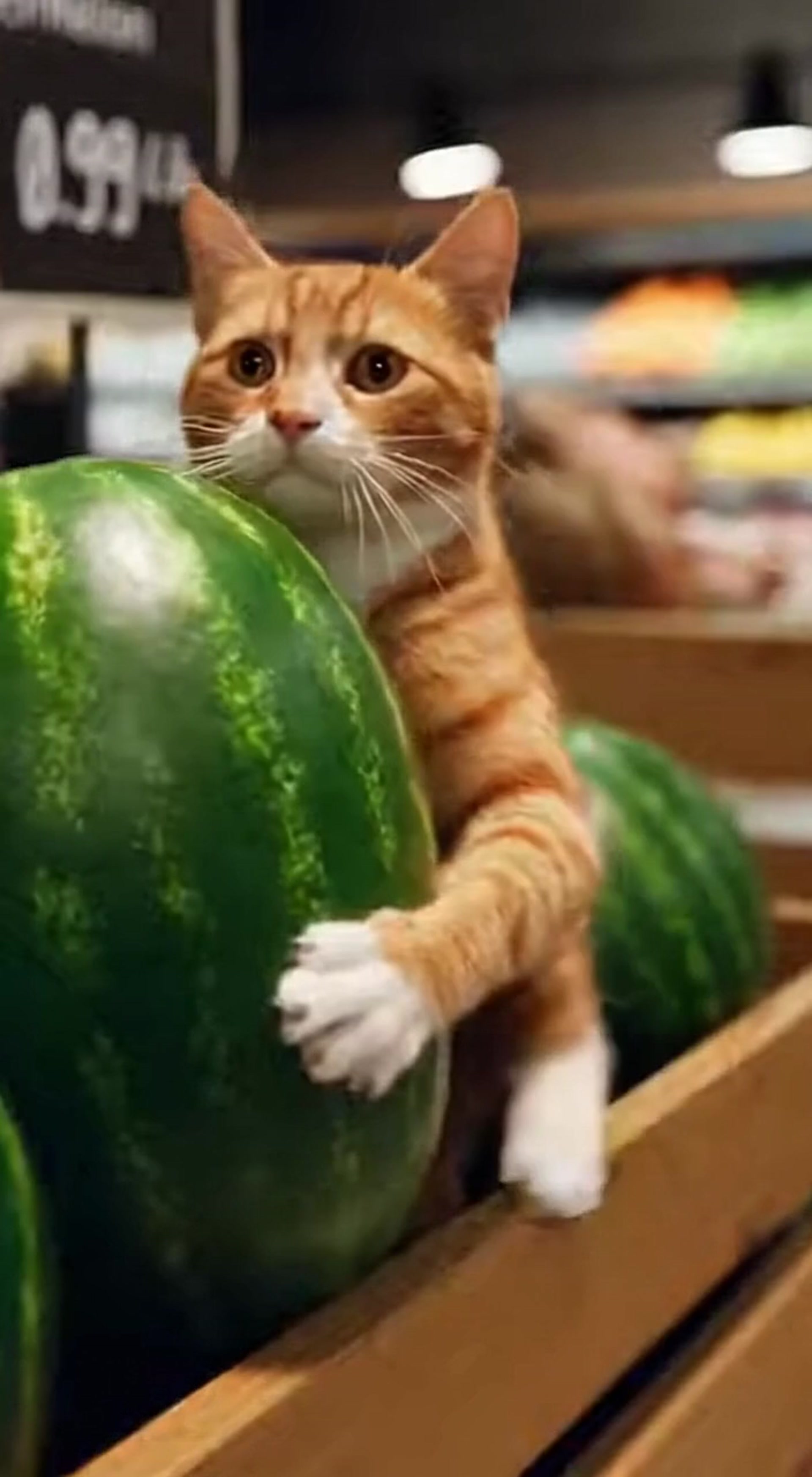 Cat Steals Watermelon and Runs on Two Feet in Supermarket Escape