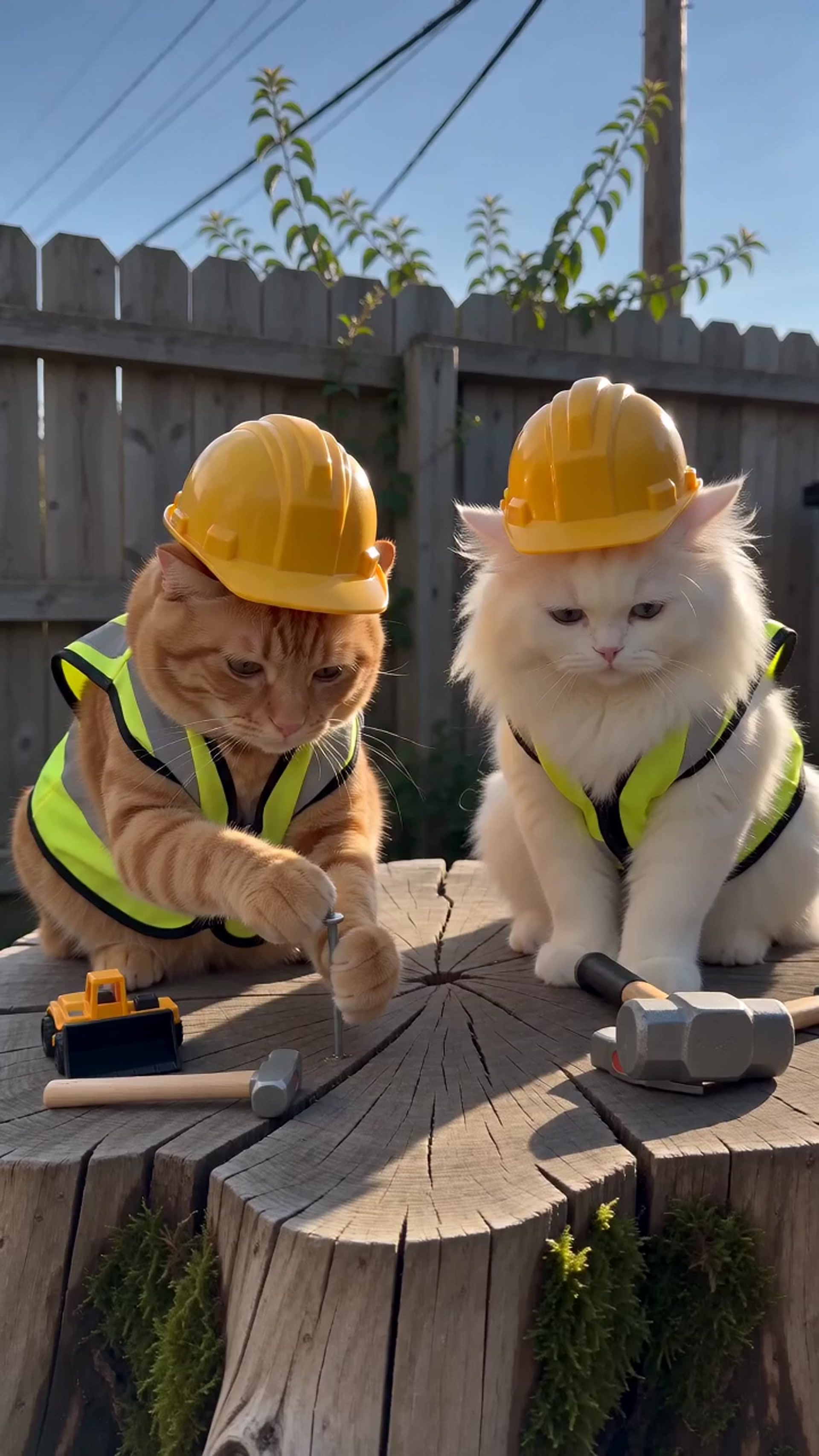 Funny Construction Worker Cats Hammering and Wrestling on Rustic Outdoor Stump