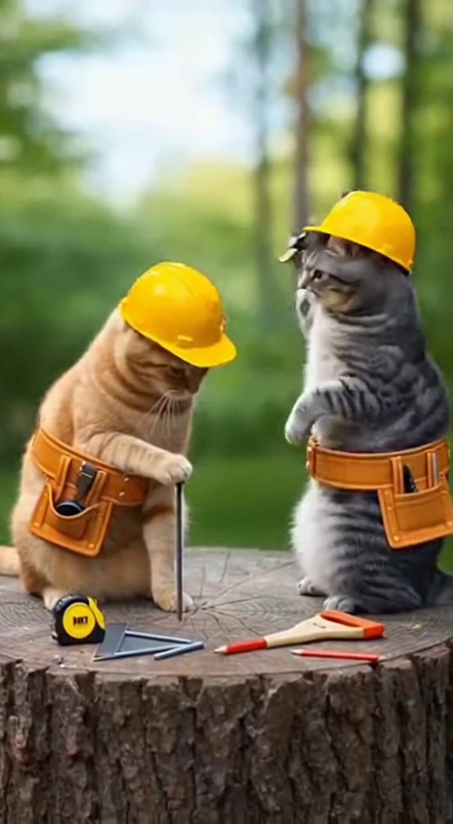 Funny Cats Dressed as Construction Workers Wrestling on Outdoor Stump with Tools