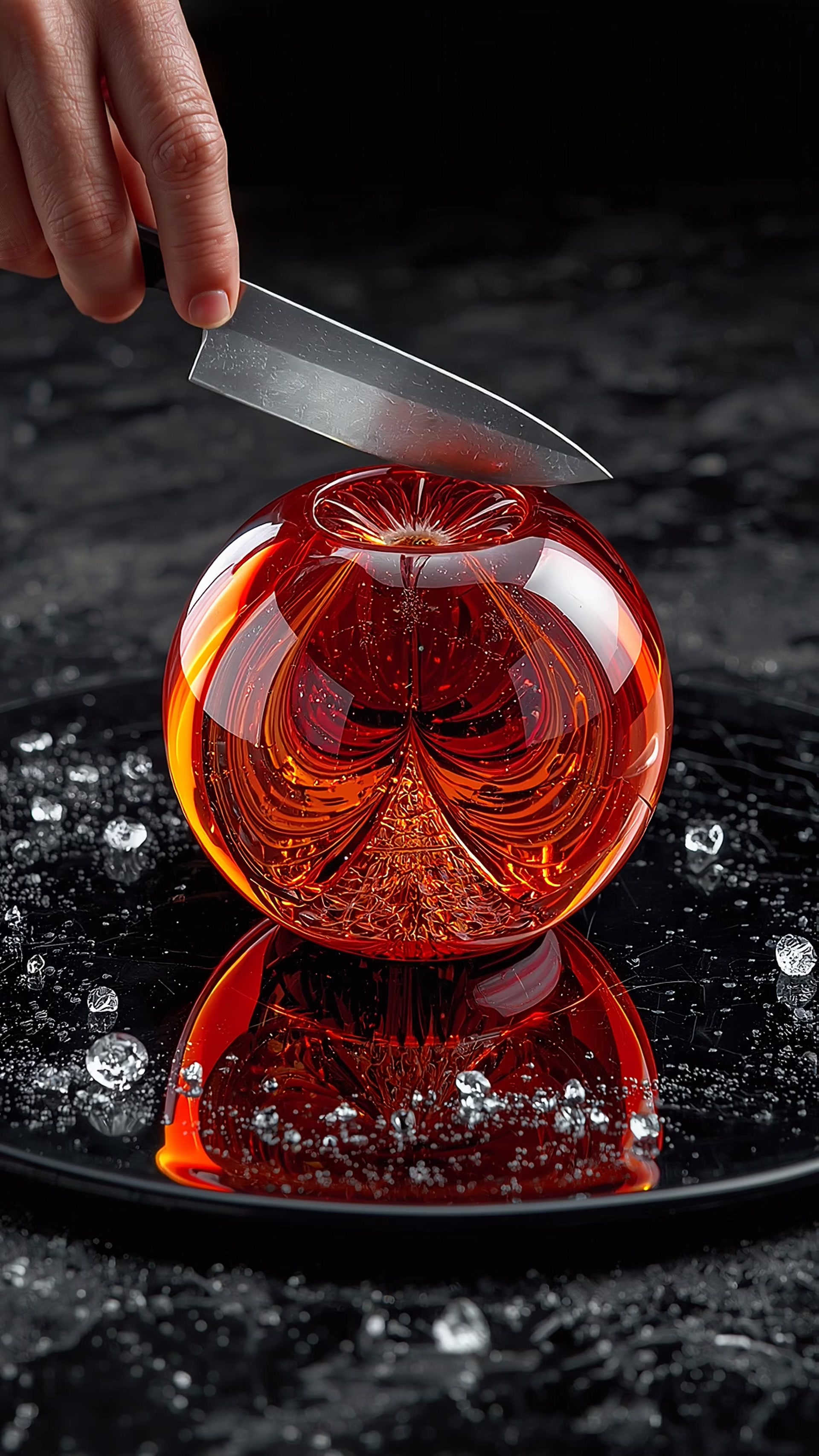 ASMR Close-Up Slow Slices of Iridescent Blown-Glass Blood Orange on Obsidian Platter with Crystal Sugar Sounds