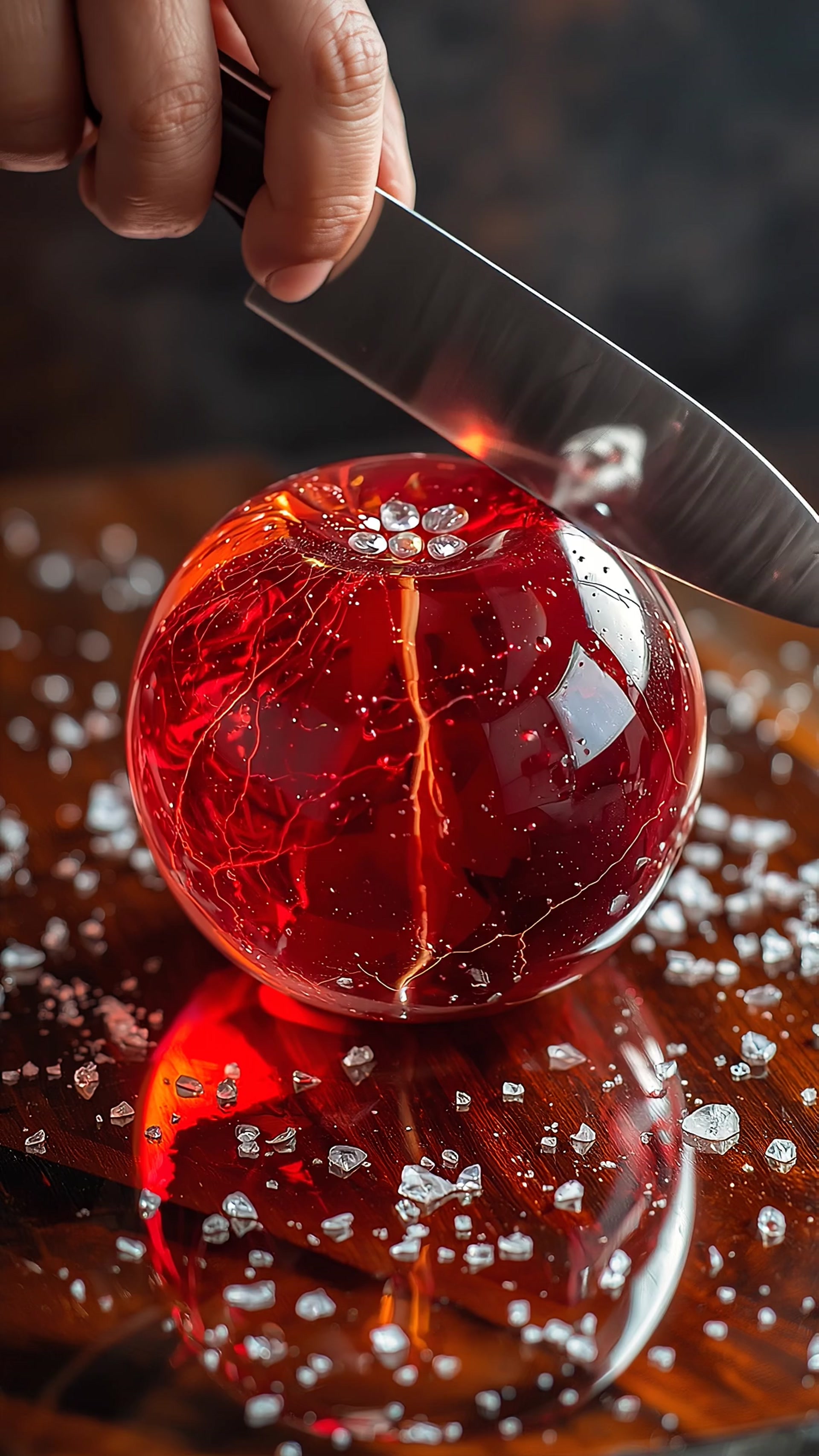 ASMR Glass Art Slicing of Glossy Candied Blood Orange Sculpture with Salt and Silver Leaf Sounds